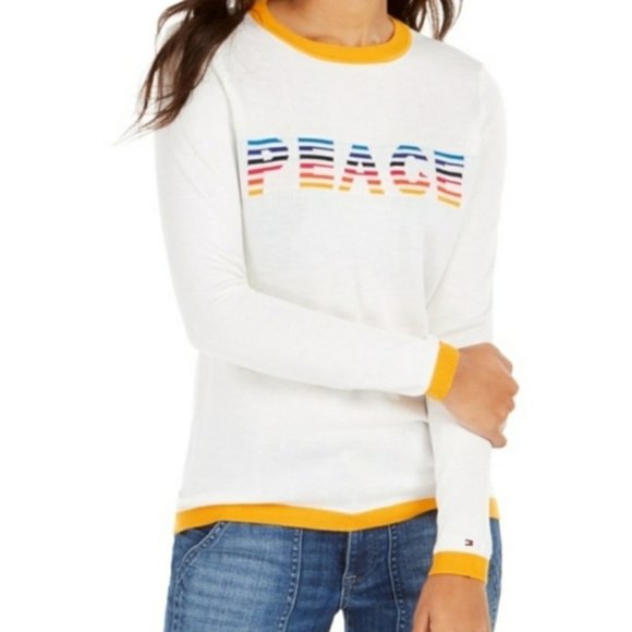 Tommy Hilfiger PEACE NWT Cream & Mustard Yellow Sweater M - Picture 1 of 11